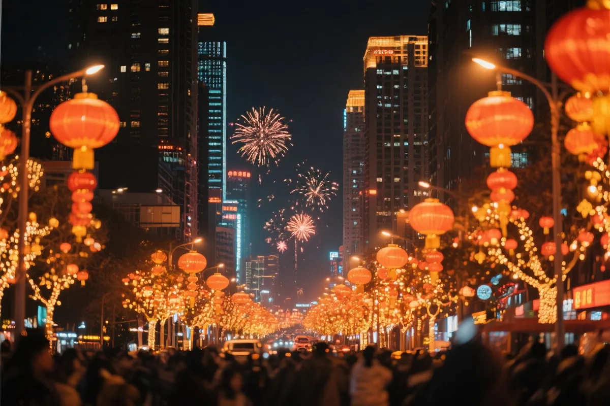 节日氛围中的城市夜景，暖色灯光映照出新春的活力与希望